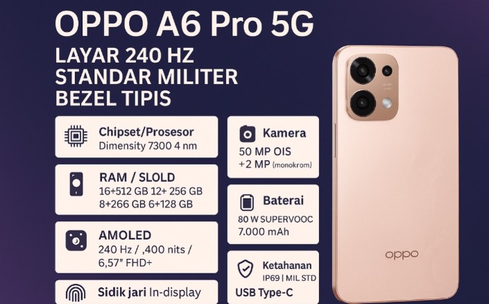 Oppo A6 Pro 5G Bezel Tipis dengan Layar 240 Hz dan Standar Militer, Performa Gahar di Kelasnya