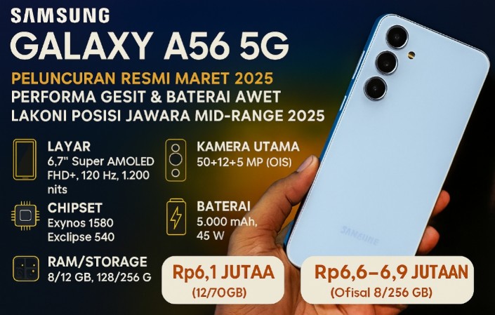 Baru Dirilis Samsung Galaxy A56 5G Jadi HP Mid-Range Terbaik 2025, Performa Gesit & Baterai Awet 