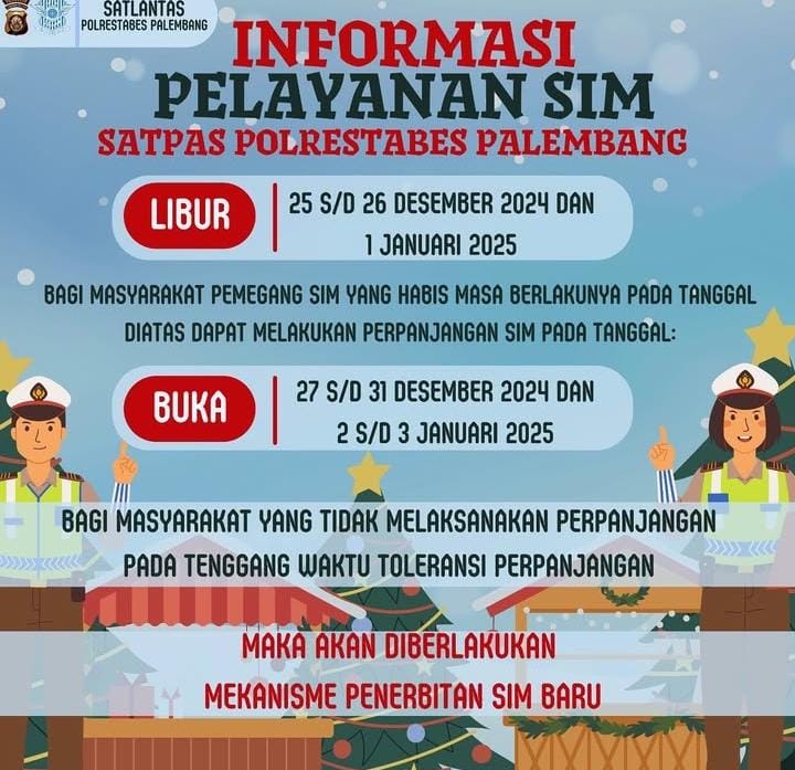 Tanggal 1 Januari 2025, Pelayanan SIM dan SKCK Polrestabes Palembang Ditutup, Perpanjang Diberi Tenggat 2 Hari