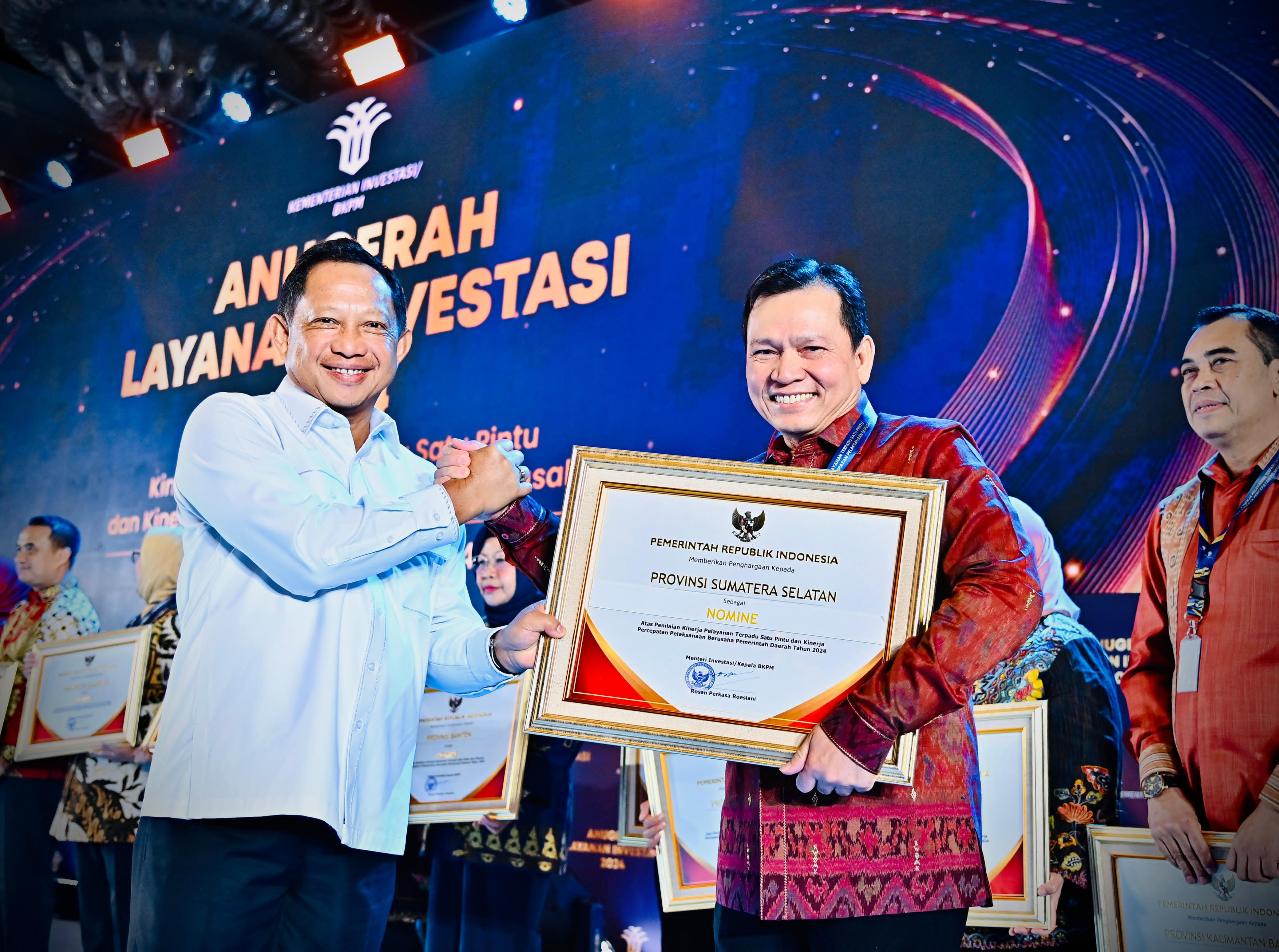 Pemprov  Sumsel Raih Predikat Terbaik Ketiga Nasional Anugerah Layanan Investasi 2024 