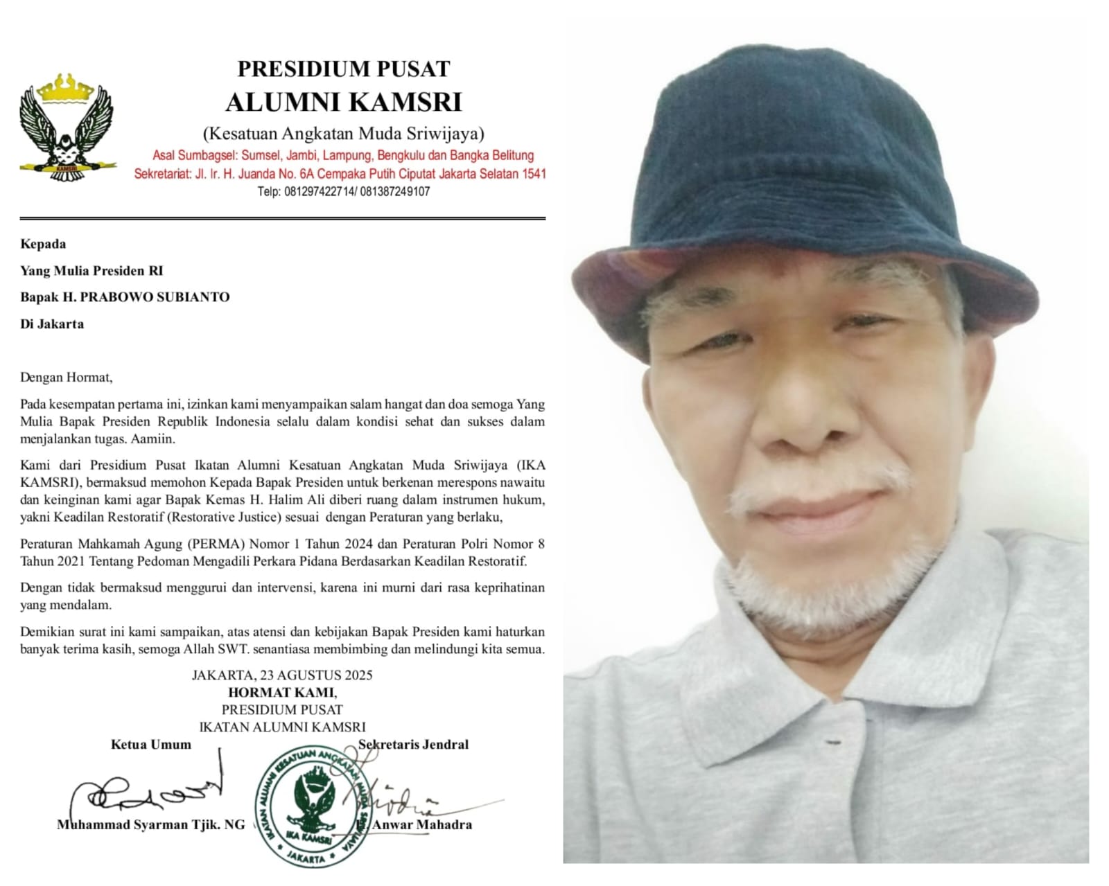 Minta Pertimbangan Hukum untuk H Halim, IKA KAMSRI Surati Presiden Prabowo