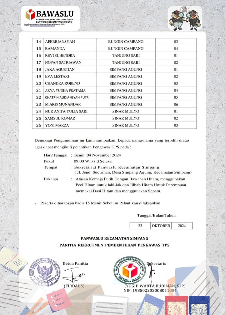 Pengumuman Hasil Seleksi Pengawas Tps Terpilih Untuk Kecamatan Simpang