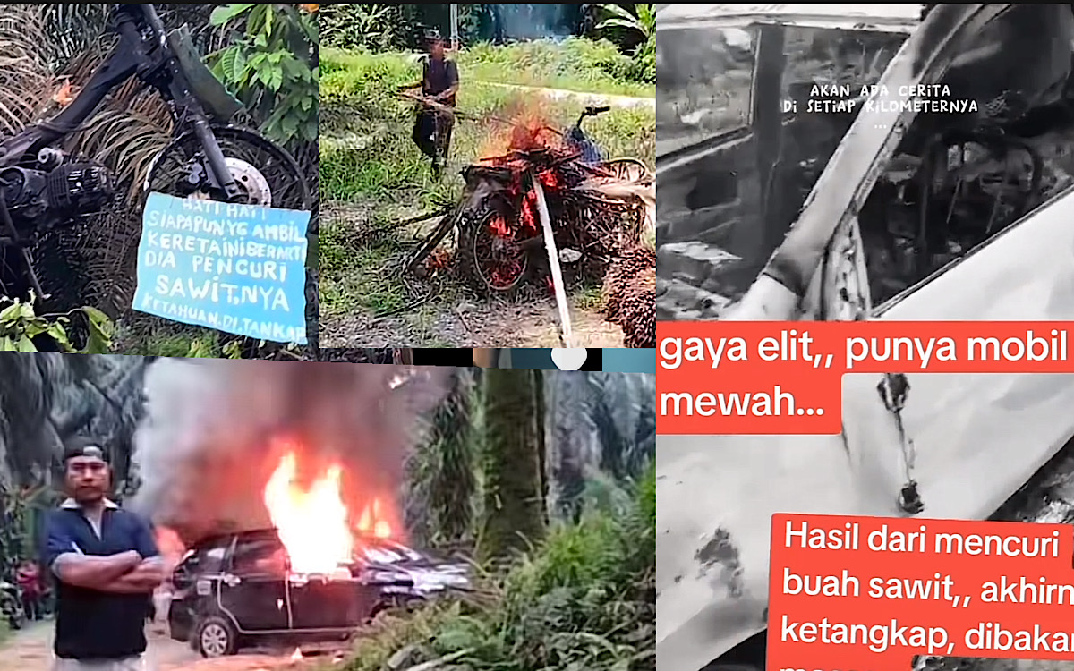 Kasih Efek Jera, Mobil dan Motor Pelaku Pencuri Sawit Dibakar Warga, Bahkan Dijadikan Monumen Peringatan! 