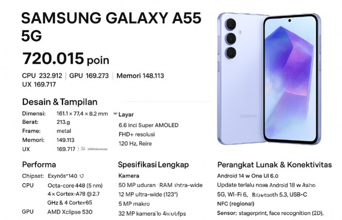 Samsung Galaxy A55 5G Andalkan Desain Premium, Kamera OIS, dan Skor AnTuTu Tangguh
