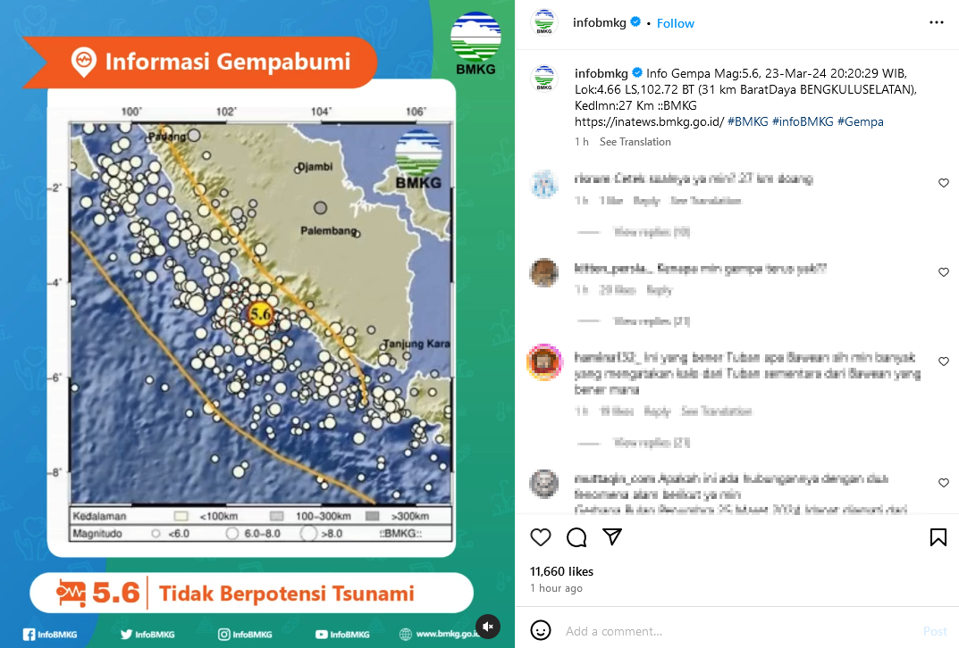 Gempa Berkekuatan 5.6 Magnitudo Guncang Kota Pagaralam, Getaran Terasa Hingga ke Lahat