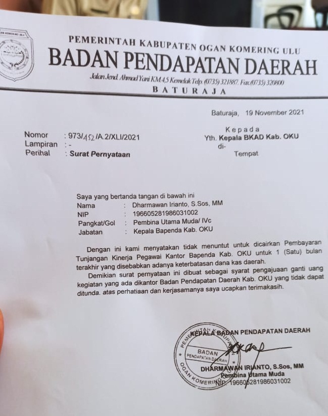 Hanafi Akui Tukin Pegawai BKAD OKU Dibayar Full