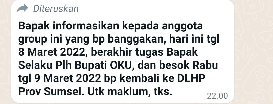 Beredar Wa Grup PLH Bupati OKU Pamit Kembali Ke DLHP