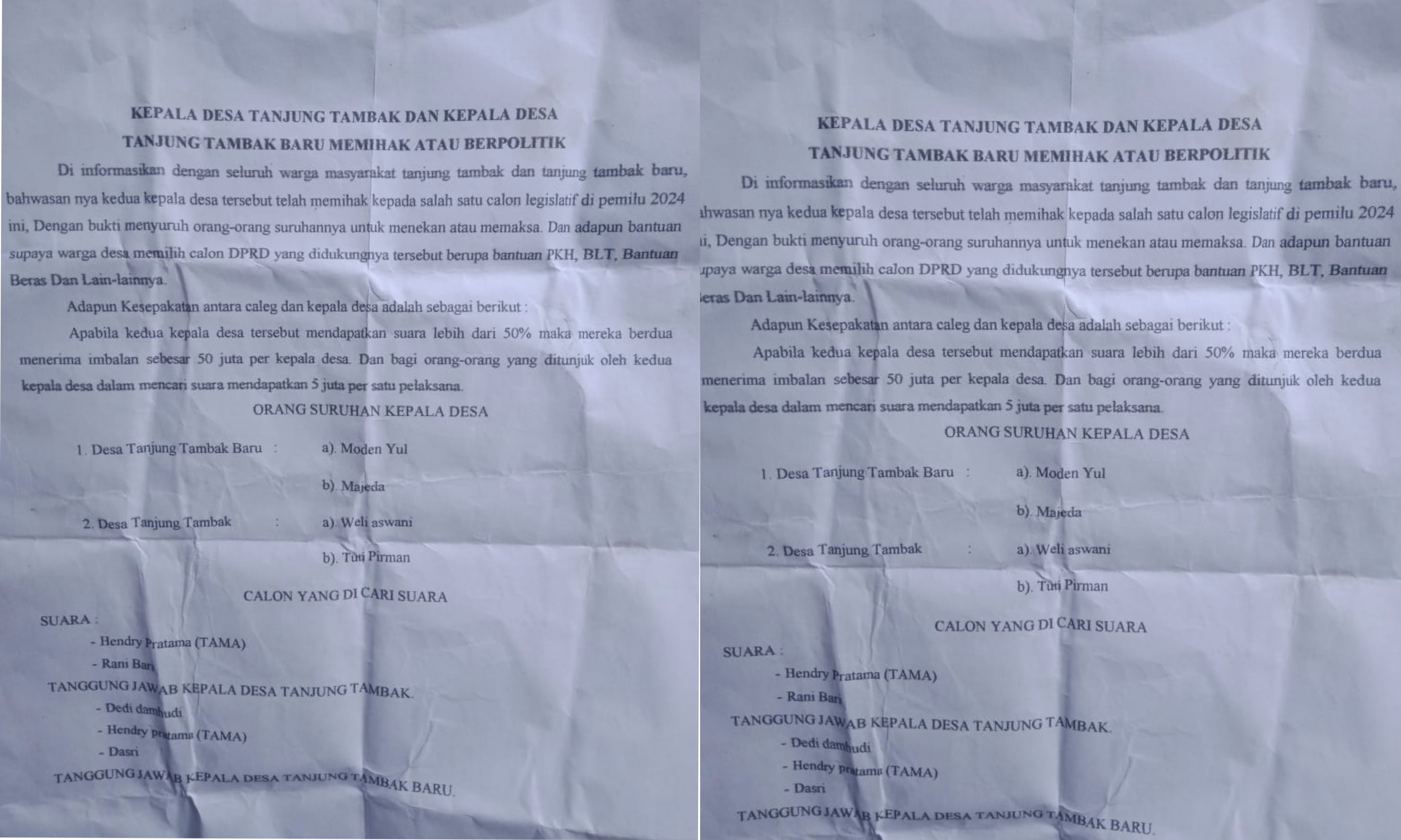 Oknum Kades di Ogan Ilir Diduga Memihak Salah Satu Caleg, Surat Kaleng Menyebar di Halaman Rumah Warga