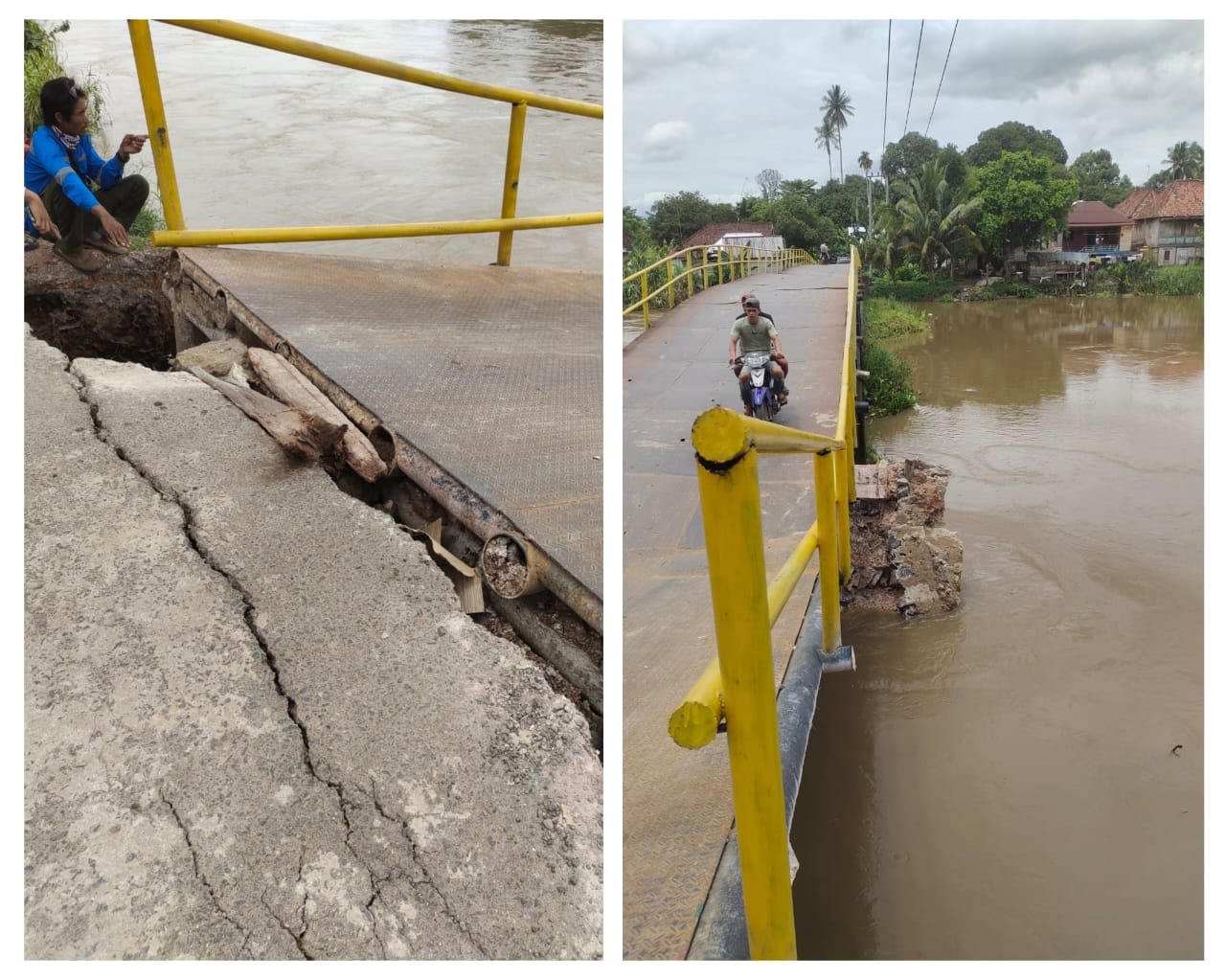 Lamban Ditangani, Jembatan Lubuk Rukam-Muara Kumbang Ogan Ilir Akhirnya Roboh, Warga Tetap Paksa Melintas