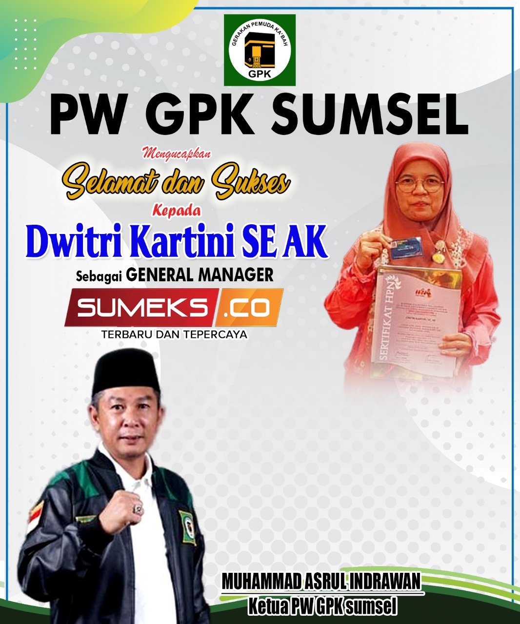 PW GPK Sumsel Mengucapkan Selamat dan Sukses Kepada Dwitri Kartini General Manager SUMEKS.CO