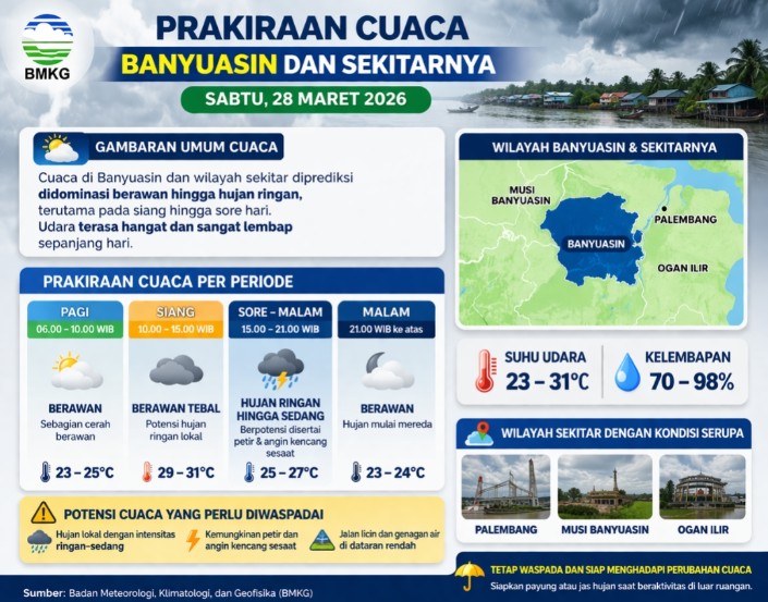 Cuaca Banyuasin Sabtu 28 Maret 2026 Didominasi Hujan Ringan, Warga Diminta Waspada Perubahan Cuaca