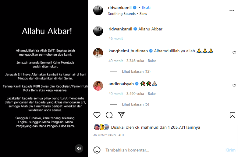 Eril Ditemukan, Ridwan Kamil: Allahu Akbar