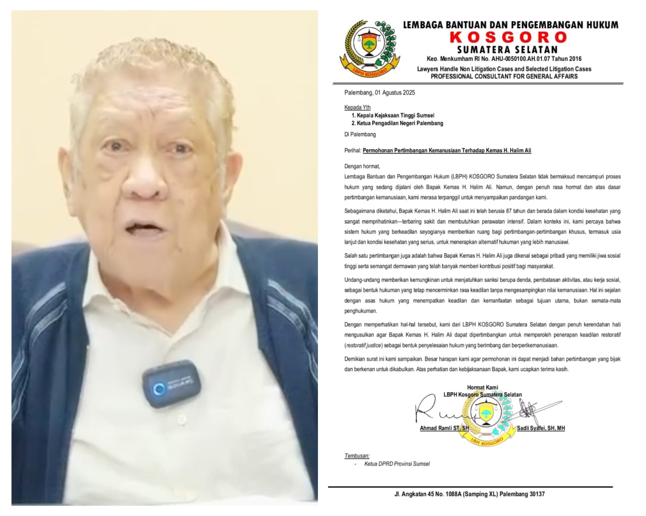 LBPH Kosgoro Sumsel Ajukan RJ untuk Kms H Abdul Halim Ali, Alasan Kemanusiaan Jadi Pertimbangan