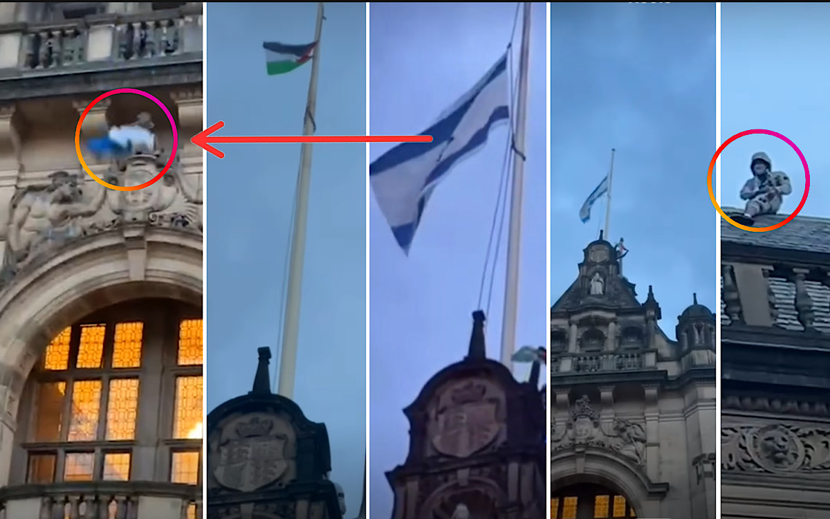 Bendera Israel Diturunkan 2 Pemanjat di Balai Kota Sheffield Inggris, Dirobek dan Diganti Bendera Palestina 