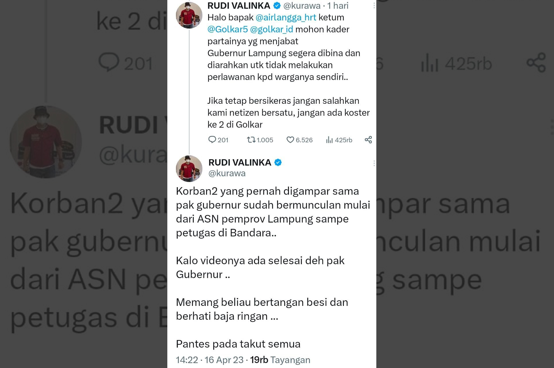 Gila Bener-Bener Nekat, Akun Twitter Ini Bongkar Borok Gubernur Lampung, Arinal Djunaidi Terkenal Tempramen