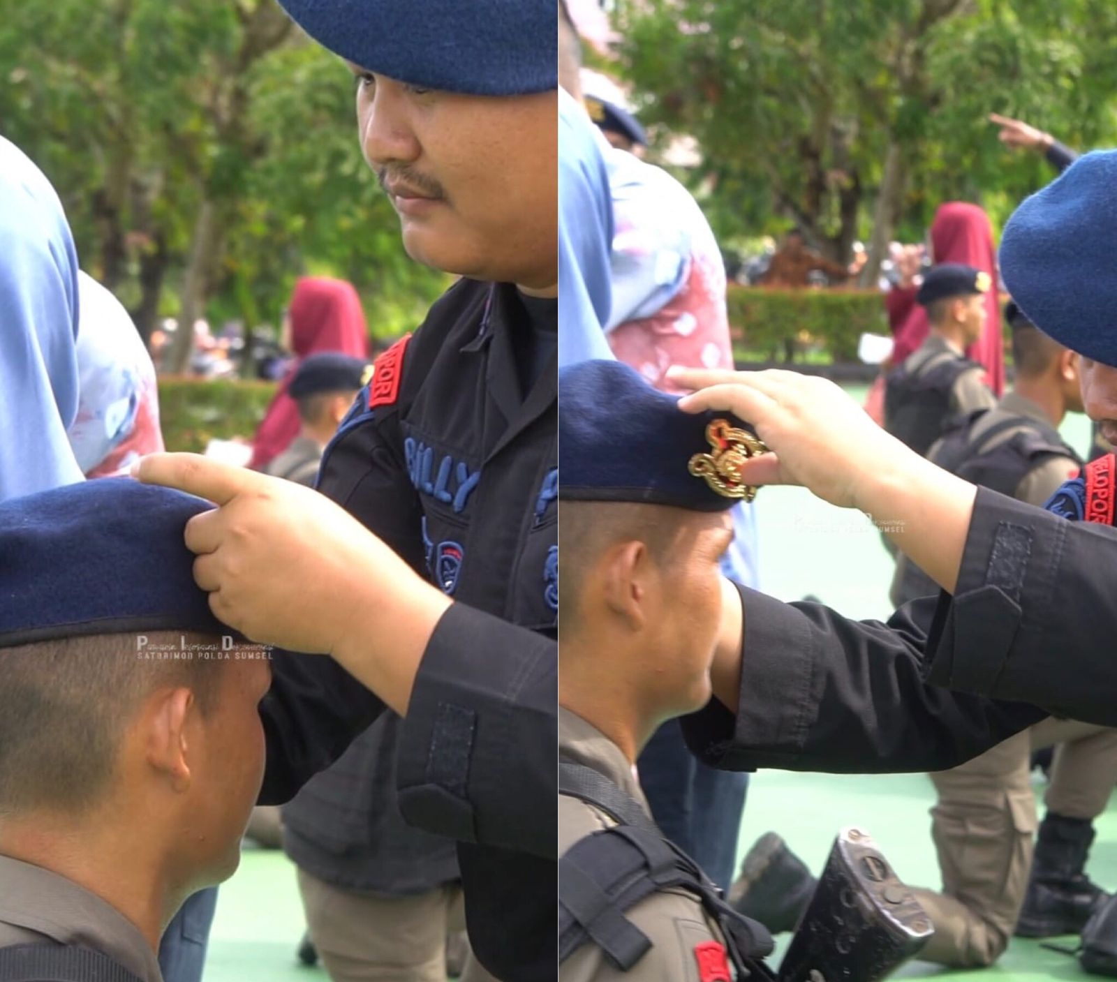 Tradisi Pembaretan Bintara Brimob Polda Sumatera Selatan, Kakak Sematkan Baret Biru ke Adik Kandung