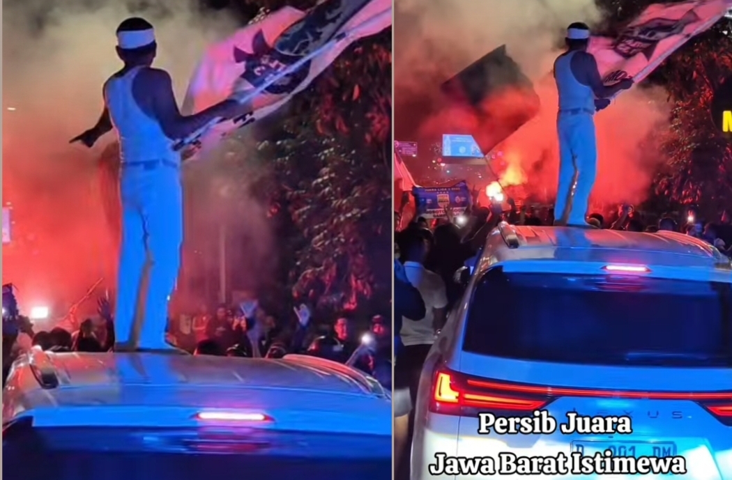 UNIK, Gubernur Konten Rayakan Juara Liga 1, Pakai Kaos Singlet Naik Kap Mobil Kibarkan Bendera Persib Forever