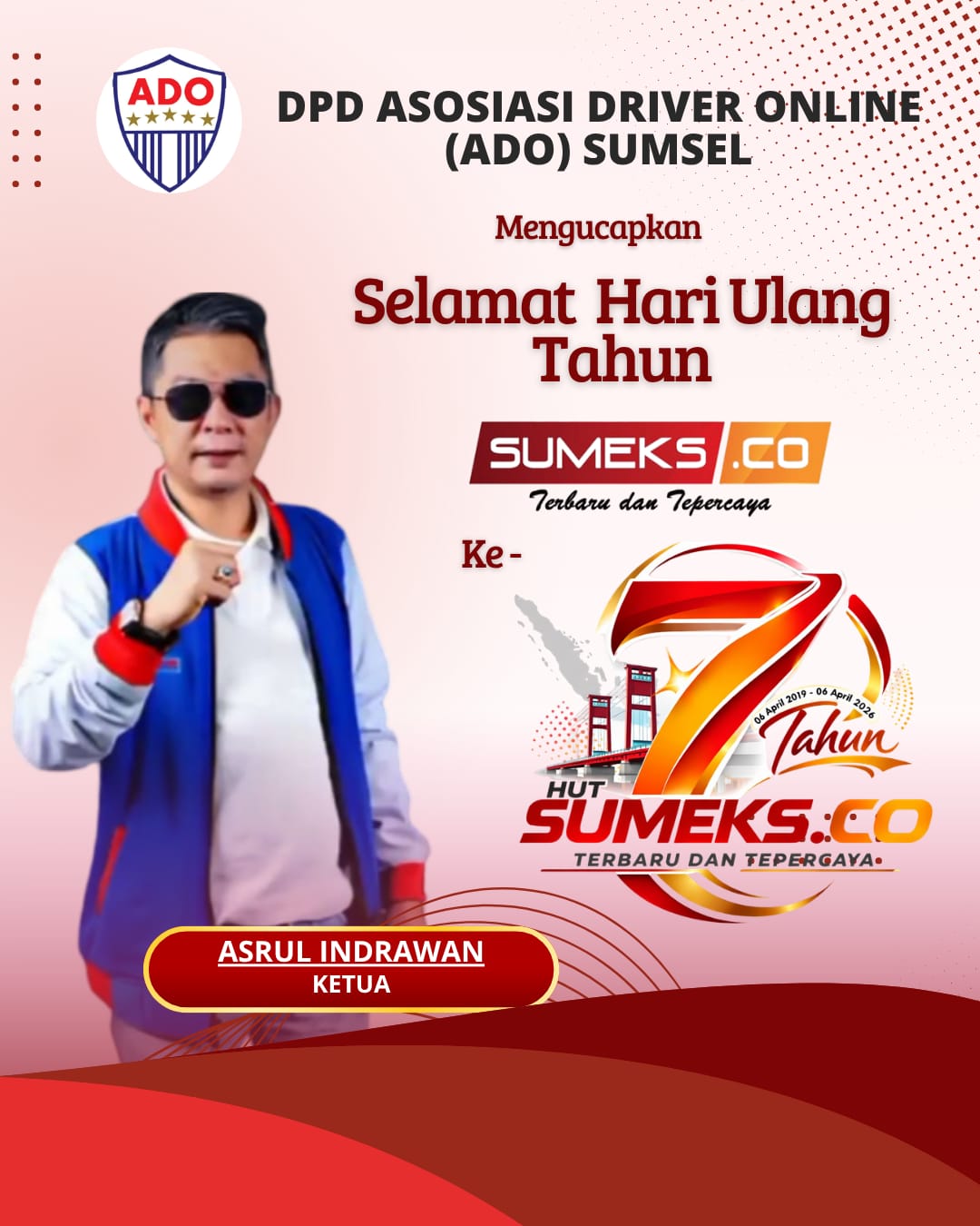 Ketua DPD ADO Sumsel Asrul Indrawan  HUT ke-7 SUMEKSCO Tahun 2026