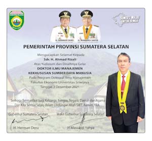 Pemerintah Provinsi Sumatera Selatan Mengucapkan Selamat kepada H Ahmad Rizali