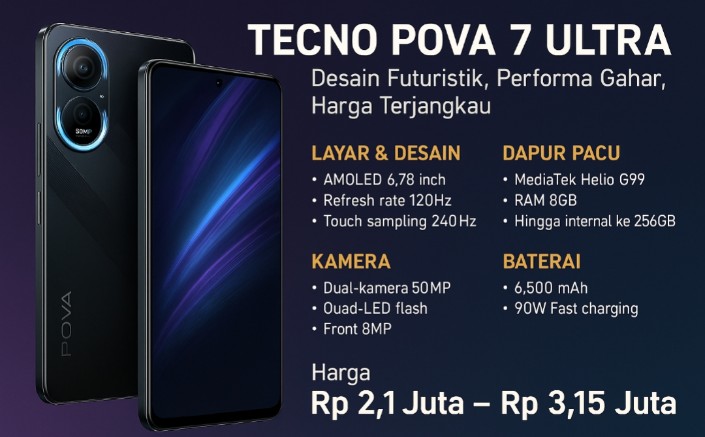 Tecno Pova 7 Ultra Gebrak Pasar Mid-Range: Desain Futuristik, Performa Gahar, Harga Terjangkau