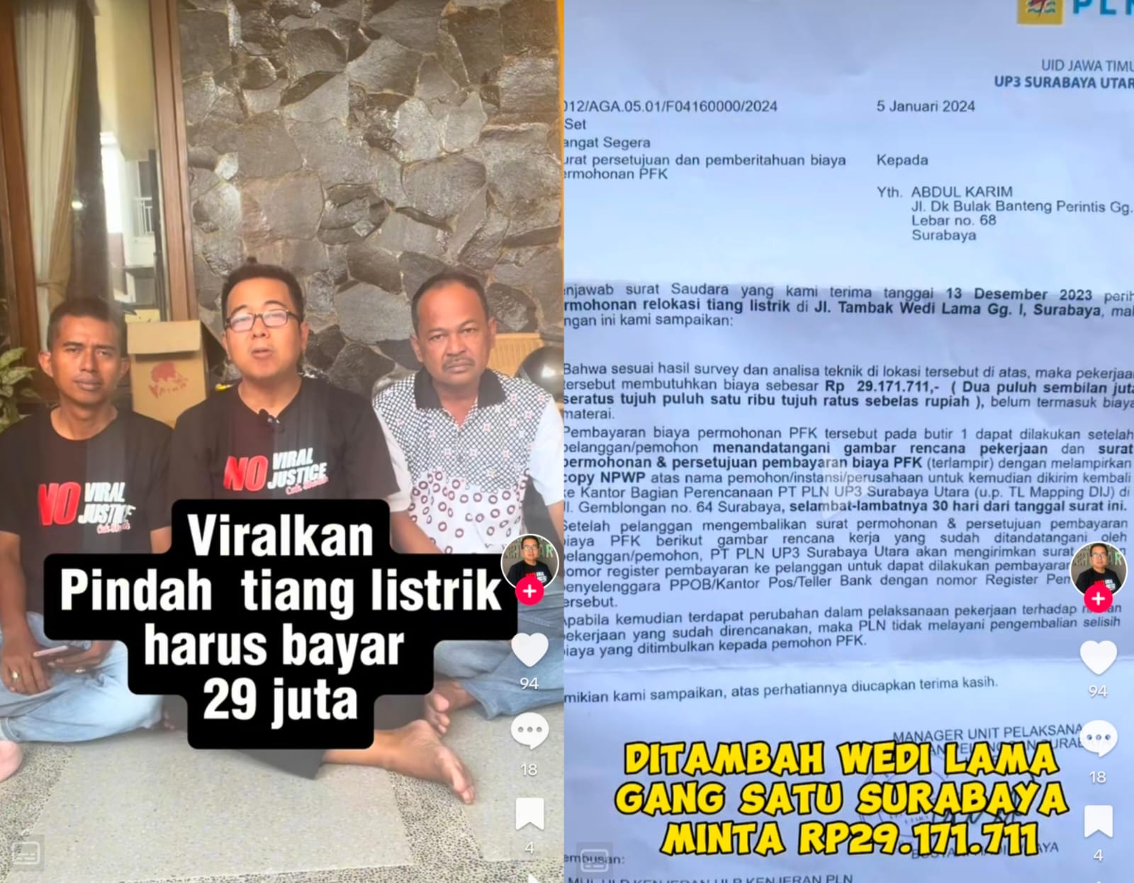 Belum Kelar Kasus di Sidoarjo, Kasus Pindah Tiang PLN Dibebani Biaya Rp29 Juta Juga Terjadi di Surabaya