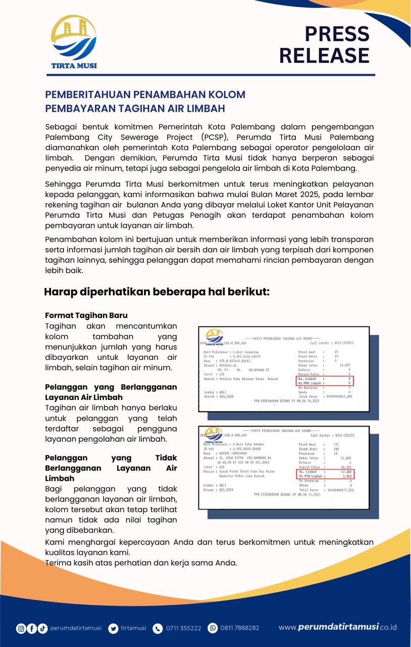 Warga Palembang Jangan Kaget, Setor Tagihan Perumda Tirta Musi Ada Penambahan Kolom Tagihan Air Limbah 