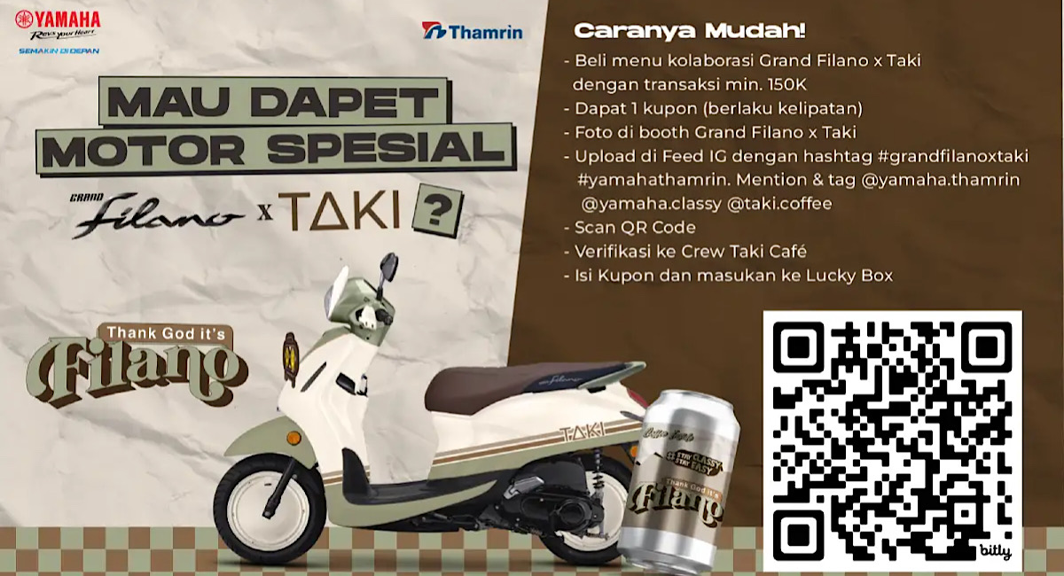 Diskon Kopi 50% dan Hadiah Motor Grand Filano di Taki Cafe!
