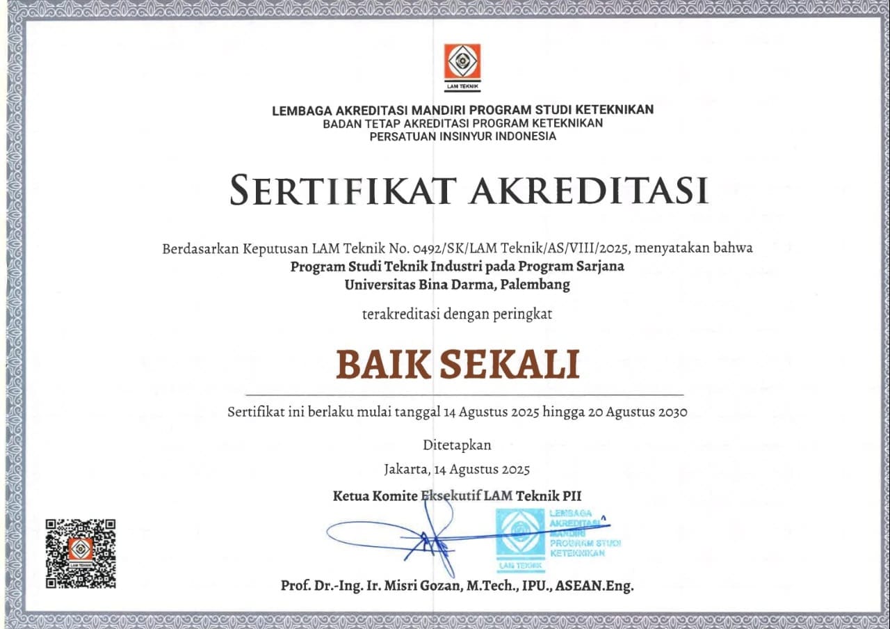 Universitas Bina Darma Raih Akreditasi 'Baik Sekali' untuk Program Studi Teknik Industri
