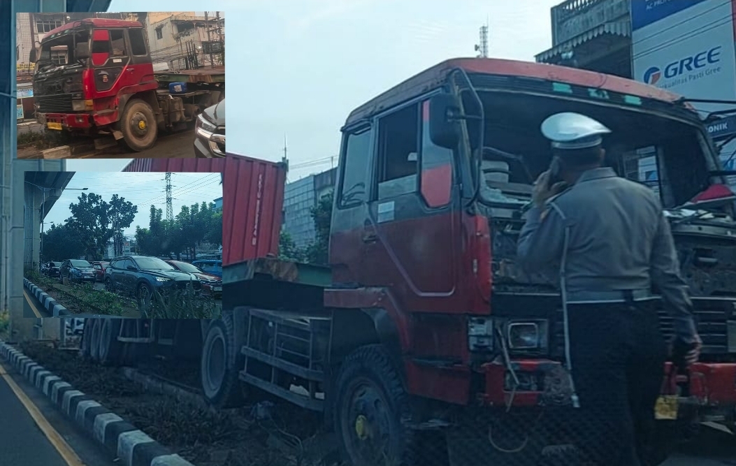 Truk Kontainer Tabrak Median di KM 5 Palembang Pukul 05.00 WIB, Jalan Kolonel H. Burlian Macet hingga KM 9