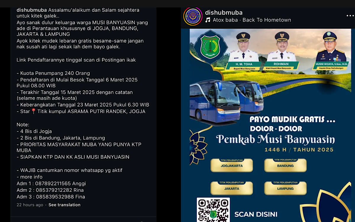 CATAT, Hari Ini Tiket Mudik Gratis Bagi Warga Perantauan Asal Muba Dibuka, Pesan Tiket Cek Link Dibawah Ini! 