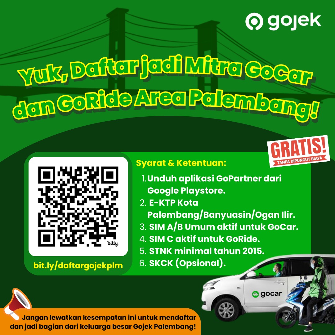 Buruan Daftar! Gojek Buka Pendaftaran Mitra GoRide dan Gocar untuk Area Palembang dan Sekitarnya