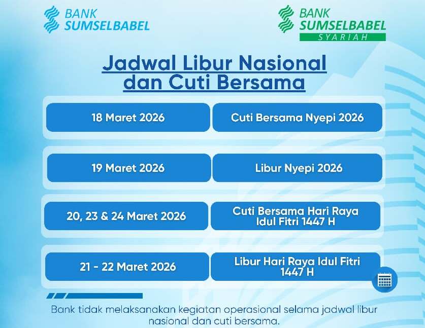 Jadwal Libur Bank Sumsel Babel Saat Hari Nyepi dan Idulfitri 1447 Hijiriah