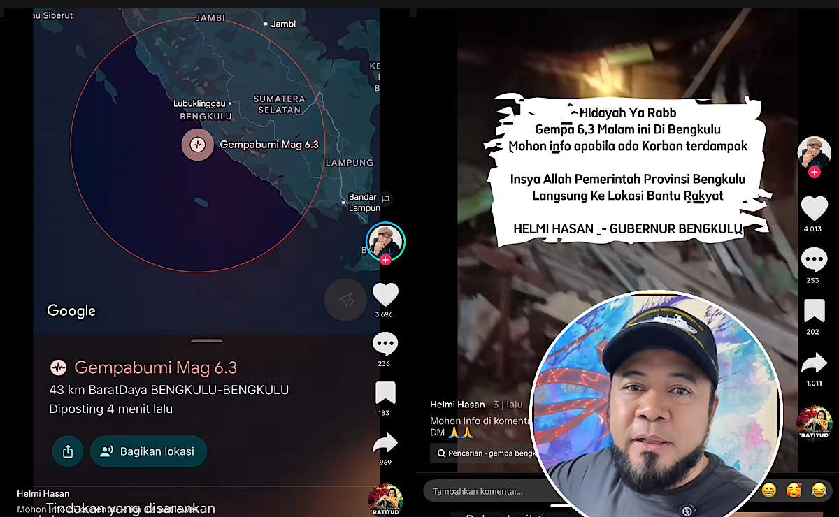 Gempa Besar Bengkulu Helmi Hasan Minta Info Lewat TikTok, Kirim Alamat Bantuan Langsung ke Lokasi