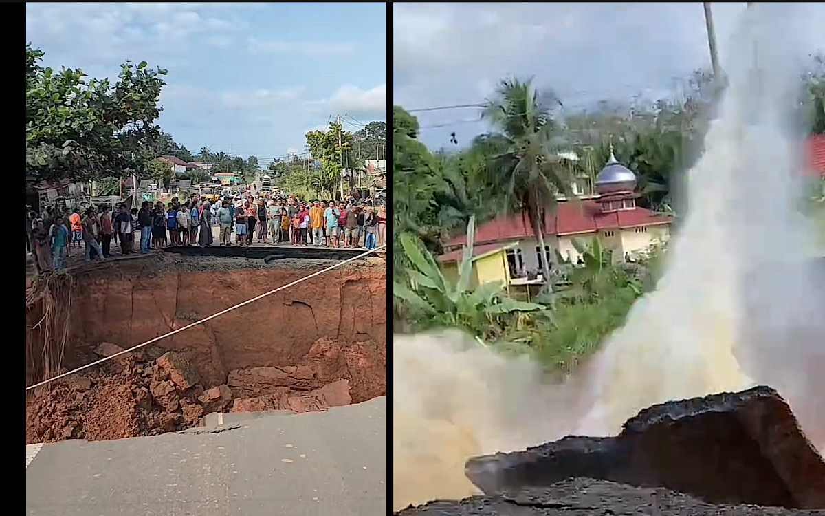 NGERI, Detik-detik Jalan Jambi-Sumbar Putus Total Terekam Kamera Warga, Aspal Jalinsum di Bungo Retak Amblas