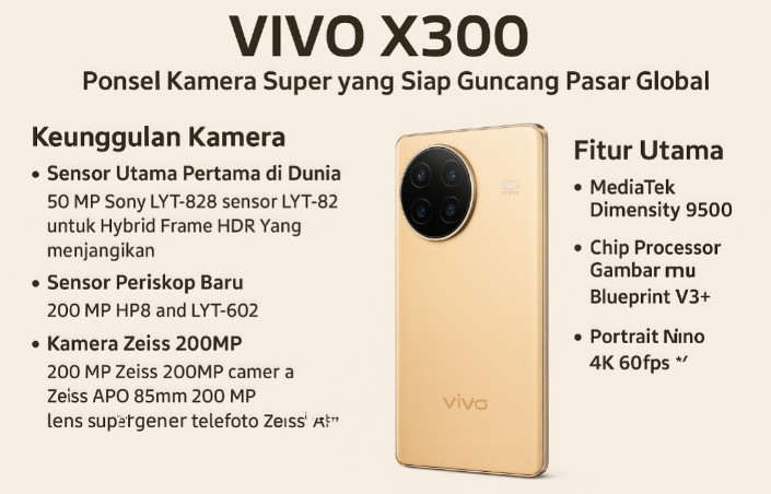 Spek Vivo X300 Bocor, Revolusi Kamera Adopsi Sensor Sony LYT-828 Pertama di Dunia