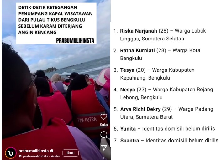 Daftar Nama Sementara 7 Wisatawan yang Dikabarkan Tewas dalam Tragedi Perahu Terbalik di Pantai Bengkulu