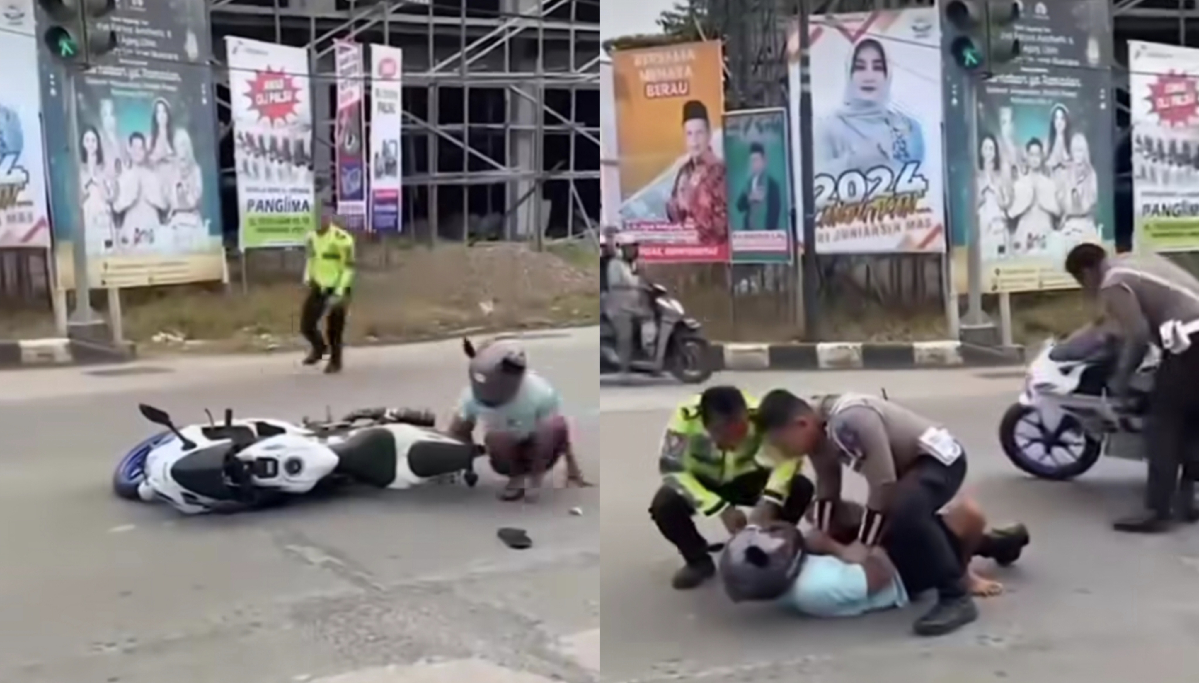 Aksi Nekat Pengendara Suzuki GSX R150, Tabrak Polisi Demi Hindari Razia, Hingga Gulat di Jalan Raya