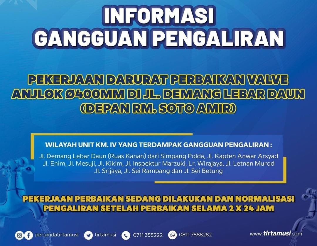 PDAM Palembang Hentikan Sementara Distribusi Air Bersih di Kawasan Demang Lebar Daun dan Pakjo