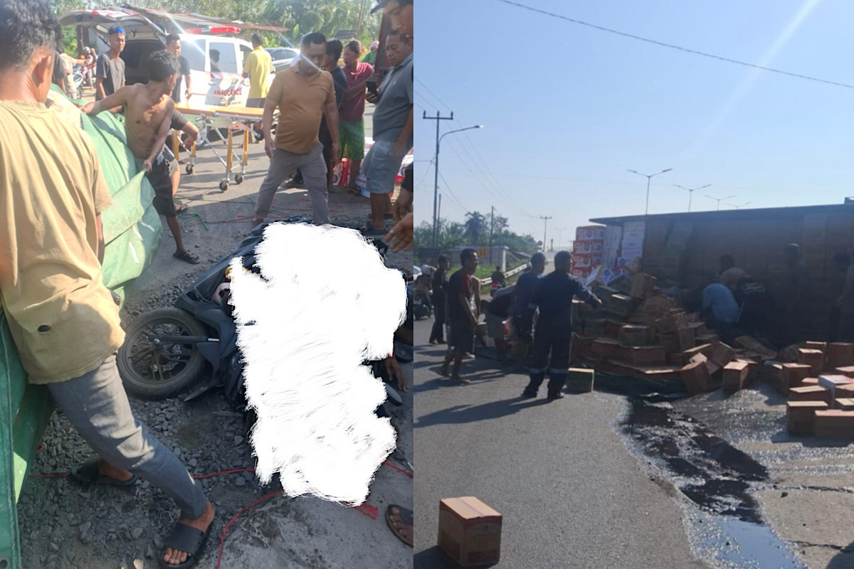 Truk Sarat Muatan Mie Instan Terbalik, Menimpa Pasutri Bermotor di Dekat Flyover Gelumbang, Kondisinya?