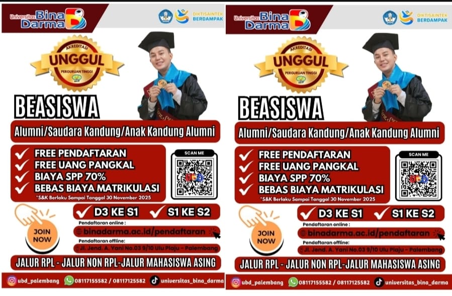 Universitas Bina Darma Buka Program Beasiswa 70 Persen untuk Alumni Hingga November 2025