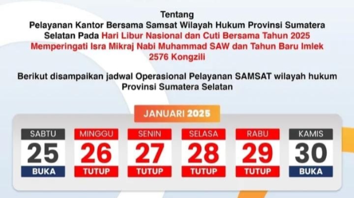 Pelayanan Kantor Samsat Sumsel Tutup Saat Libur Nasional dan Cuti Bersama, Catat Kembali Tanggal Beroperasi 