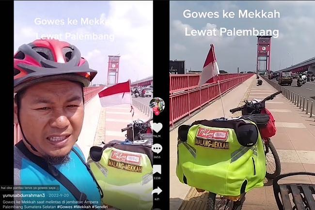 DETIK-DETIK Yunus Abdurrahman Naik Sepeda ke Tanah Suci Tiba di Jembatan Ampera Palembang, MasyaAllah Indahnya