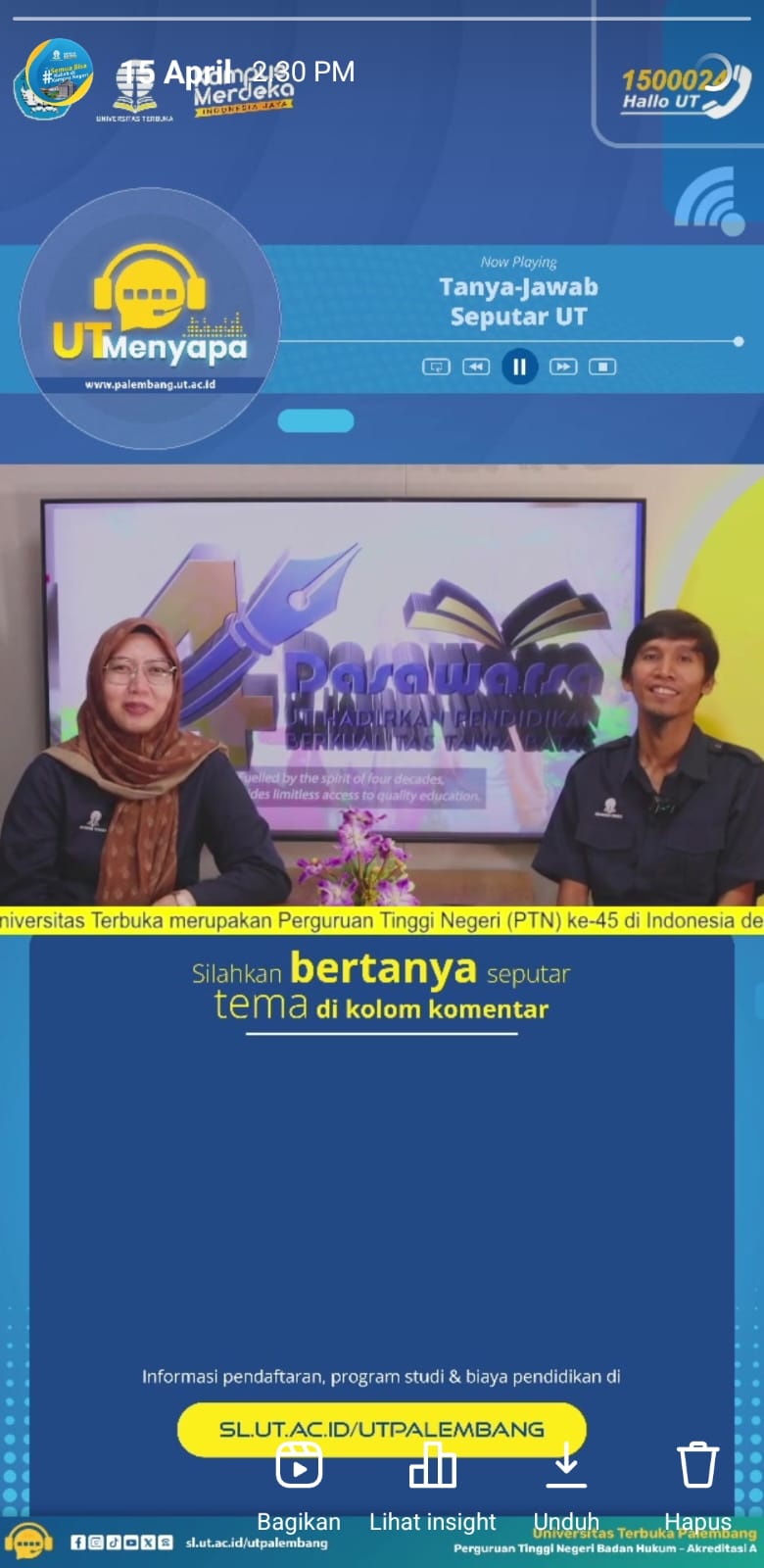 UT Menyapa Bahas Seputar Akademik, Mahasiswa UT Palembang Bisa Pantengin Live Sosmed