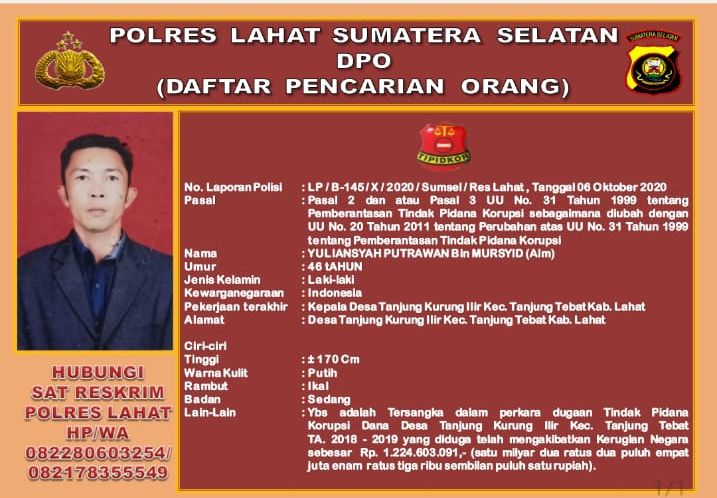 Korupsi Dana Desa, Mantan Kepala Desa Tanjung Kurung Ilir Lahat Masuk DPO Polisi 