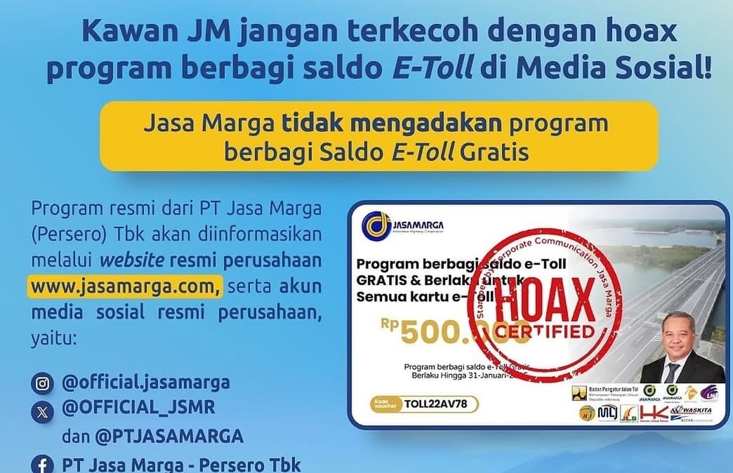 HOAKS e-Toll Gratis Senilai Rp500 Ribu, Jasa Marga Tegaskan Tidak Ada Program Resmi