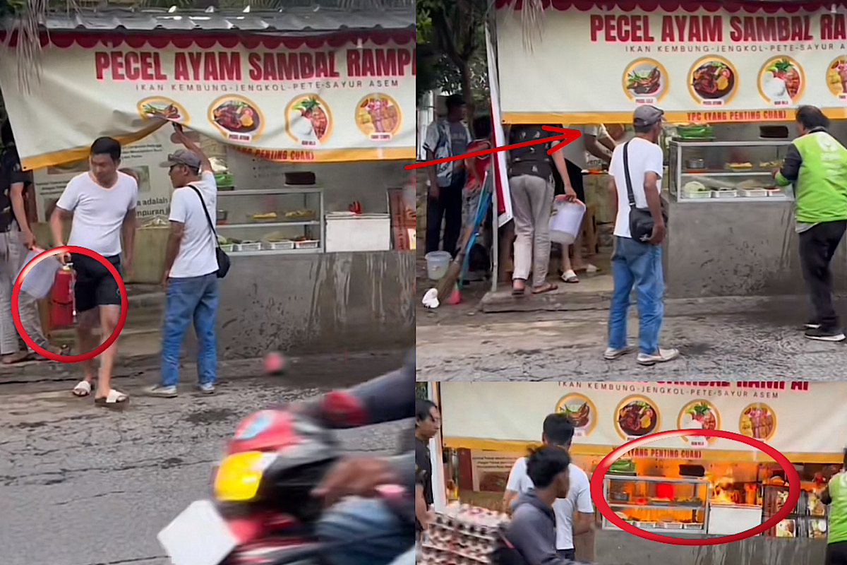 Pria Ini Berasa Super Hero Punya APAR Padamkan Api di Warung Pecel Ayam