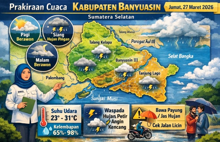 Banyuasin Didominasi Awan, Hujan Ringan Mengintai Siang Hari Jumat 27 Maret 2026