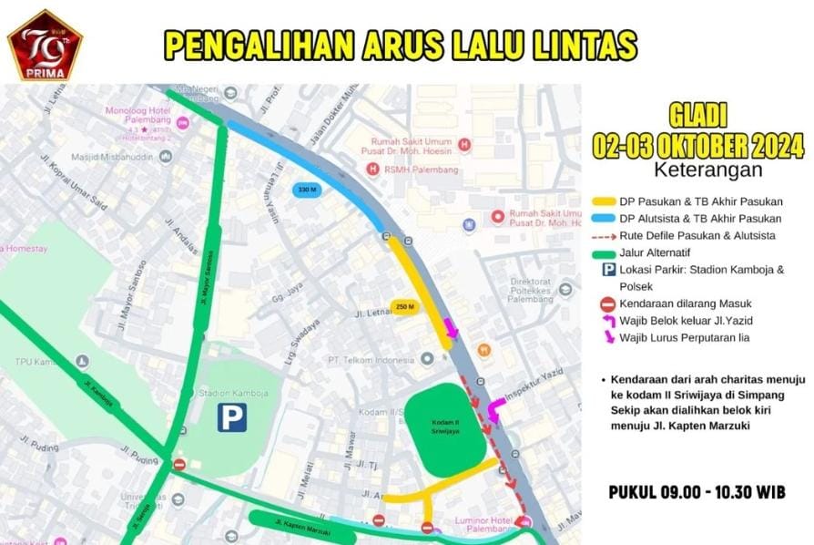 HUT TNI ke-79, Jalan Sudirman Palembang Bakal Ditutup 3 Hari, Catat Waktu dan Lokasi Pengalihan Arus