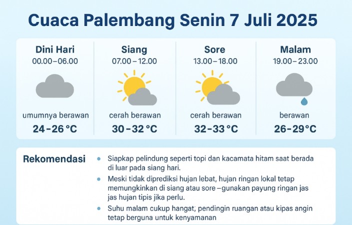 Prakiraan Cuaca Palembang Senin 7 Juli 2025, Cerah Berawan Seharian Suhu Tembus 33 Derajat