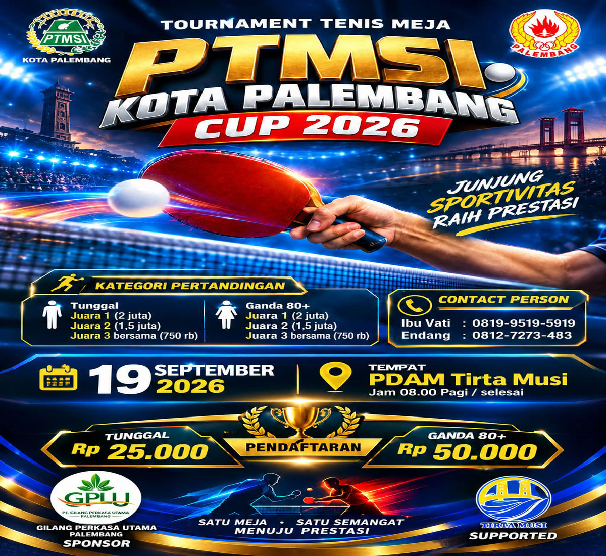 TM Usai Digelar, 125 Petenis Meja Ikuti Pengkot PTMSI Palembang Cup 2026